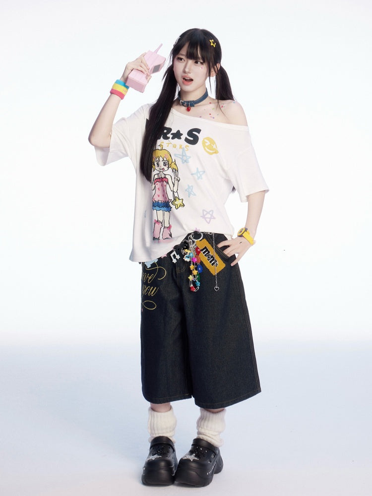 Wide-leg Jeans Print Vintage Letter Waist Charm and Black Low