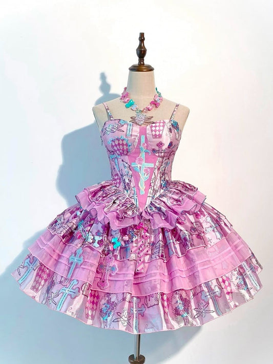 Pink Cross Print Basque Waist Y2K Lolita JSK Dress with Spaghetti Straps (XS-XL)