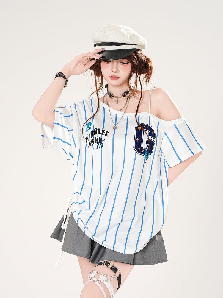 Asymmetrical Neckline Blokette Core White/Black Striped T-shirt