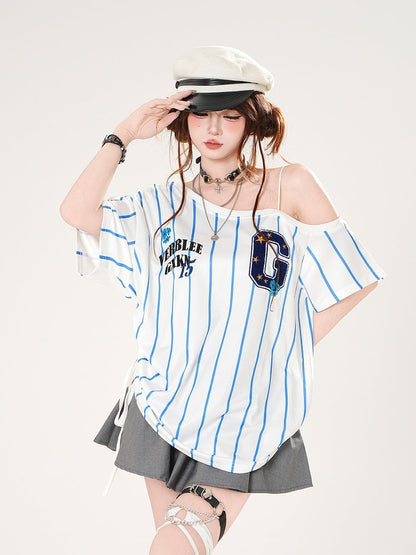 Asymmetrical Neckline Blokette Core White/Black Striped T-shirt