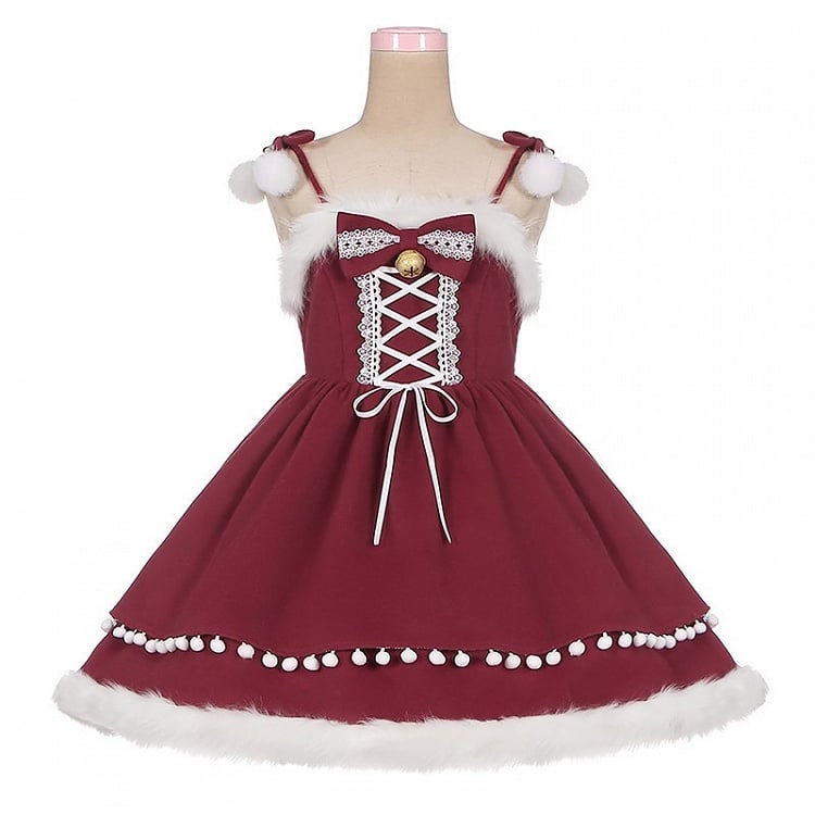 Accents Jumper Skirt with Lolita Self-tie Bow Wine Shoulder Sweet Detachable Straps Christmas Red