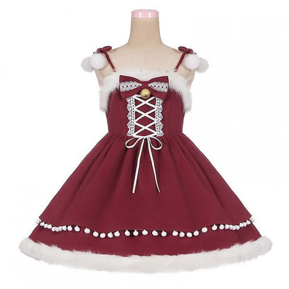 Accents Jumper Skirt with Lolita Self-tie Bow Wine Shoulder Sweet Detachable Straps Christmas Red