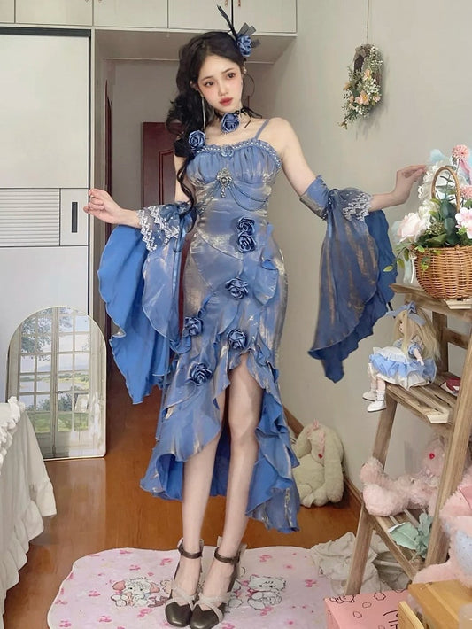 取り外し可能なフリル袖付きブルーのイブニングドレス、ロゼットマーメイドドレス