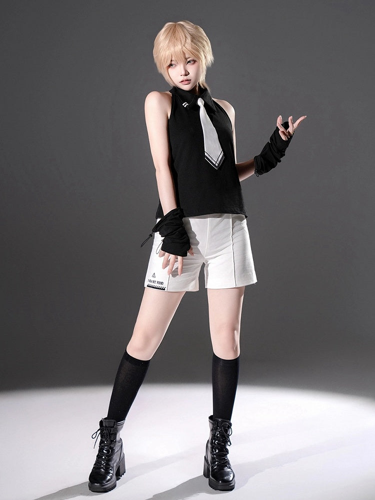 Tie Lolita Neck Sleeveless White with Black Halter Wrist Cuffs and Ouji Top
