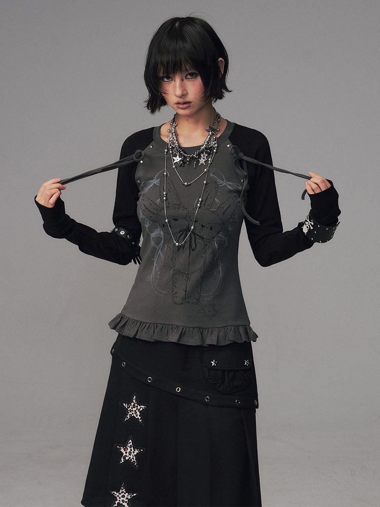 Sleeve Long Print Raglan Details Kawaii BlackGray Ruffled Bowknot Floral Top Trim -