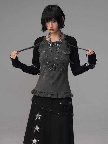 Sleeve Long Print Raglan Details Kawaii BlackGray Ruffled Bowknot Floral Top Trim -