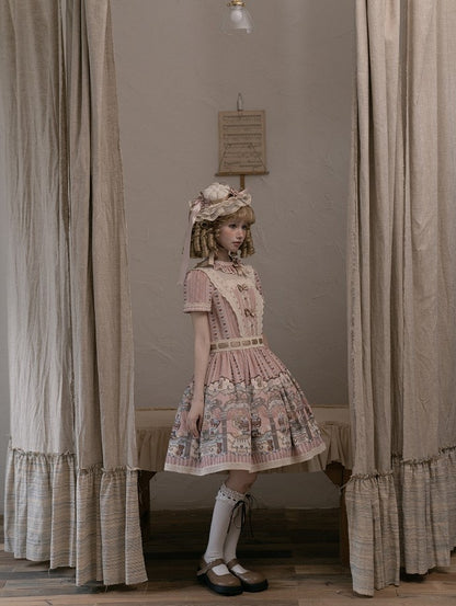 Dress Bear Neckline Pink Print Dropped Lolita Sweet Waist Ruffle