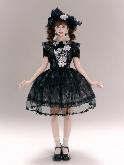 Black Peter Pan Collar Fitted Waist Floral Embroidery Blouse with Ruffle Lace - Yimu Walnut