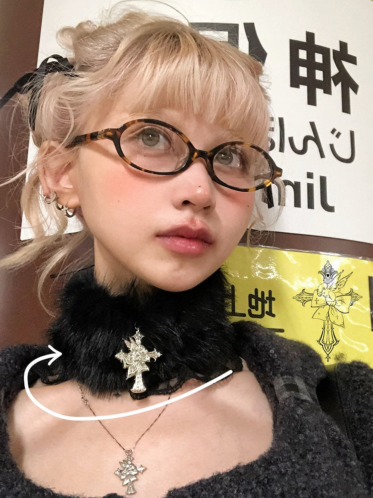 Choker with Trim and Lace Black Cross Plush Charm