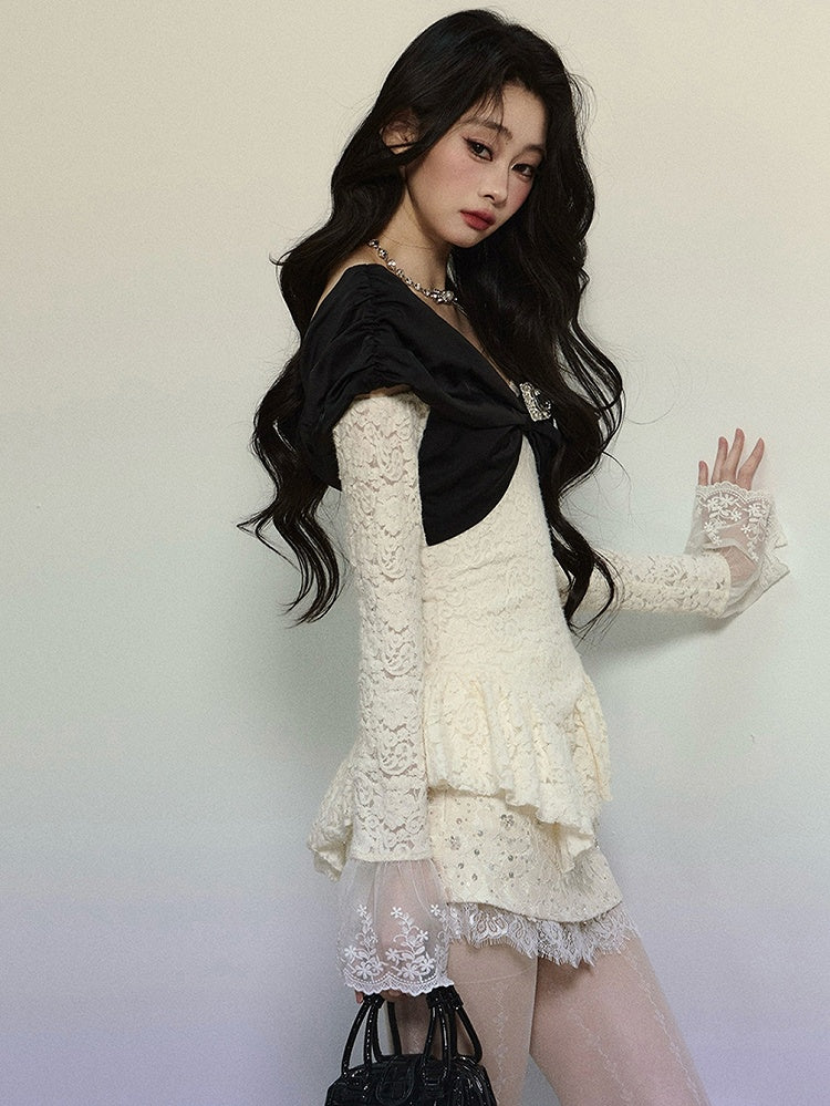 Apricot Big Bow with Asymmetrical Hem V-neck Long-Sleeve Lace Top