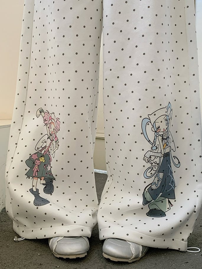 Design Pattern Polka-dot Pants Cartoon Girl Wide-leg White with Pull-on