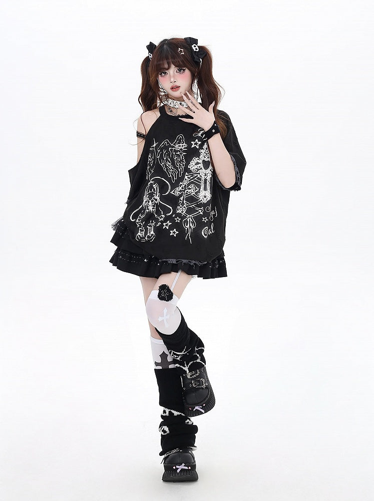 ブラック/ベージュ カットアウトショルダー グラフィティ ビタースイート Tシャツ エンジェルラッキー