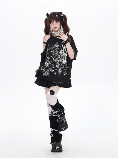 ブラック/ベージュ カットアウトショルダー グラフィティ ビタースイート Tシャツ エンジェルラッキー