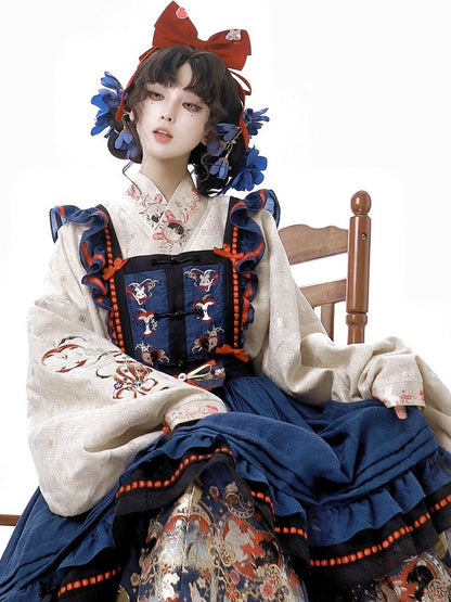 Crossover Neckline Shirt Pipa Sleeve Embroidery Beige - Zao Jing Ji