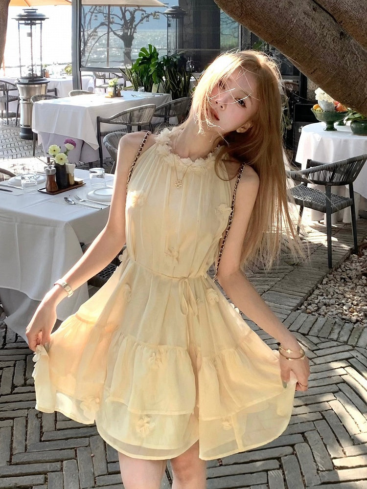 Milk Yellow Halter Dress with Floral Accents - Qchiwawameme
