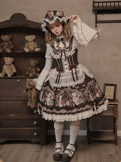 Vintage Brown Bear Symphony Theme Lolita JSK with Bow & Lace Accents - Twin Bear Original Design