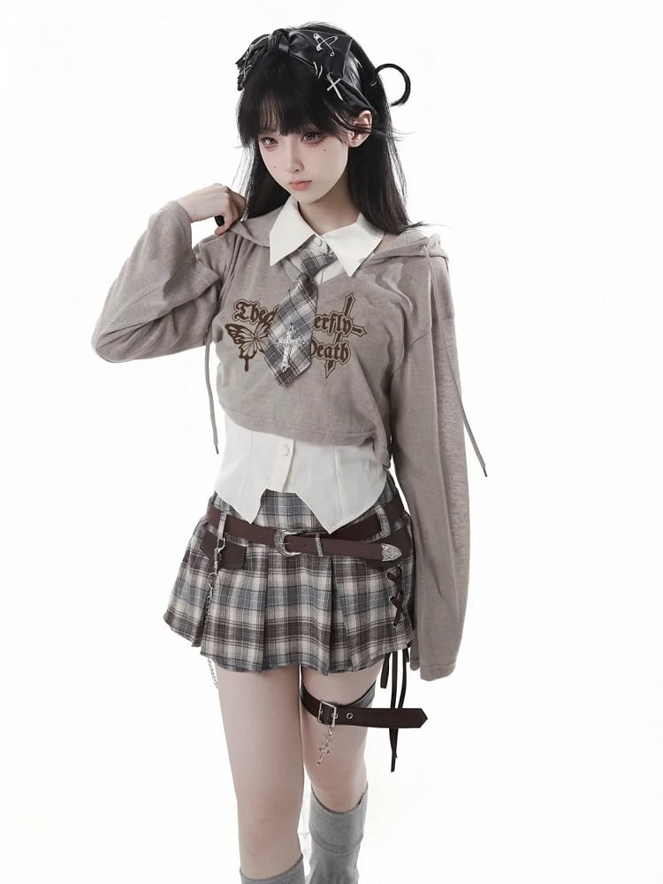 Knit Coverup Gray/Khaki V-neck Butterfly Print Hooded