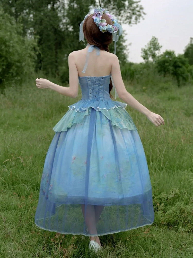 Gestufter Volant-Saum, Neckholder, Korsett-Top mit Stäbchen, Druck, Himmel, Malerei, Fee, Öl, Blau