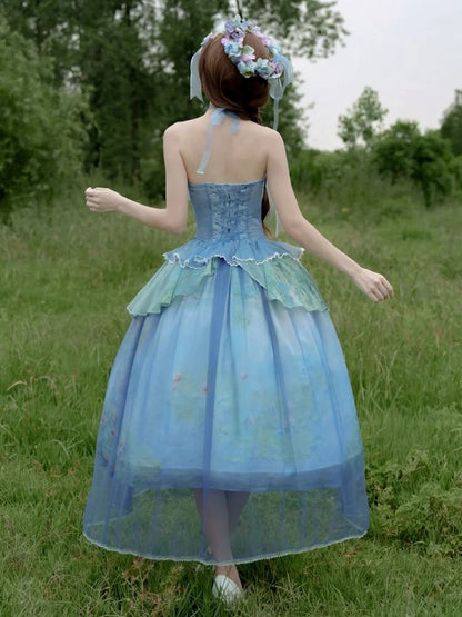 Gestufter Volant-Saum, Neckholder, Korsett-Top mit Stäbchen, Druck, Himmel, Malerei, Fee, Öl, Blau