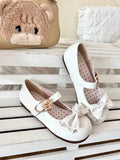 Bow with Heart Bear Hugging Buckles Flats Top at White Sweet Lolita