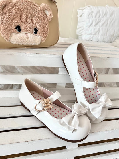 Bow with Heart Bear Hugging Buckles Flats Top at White Sweet Lolita