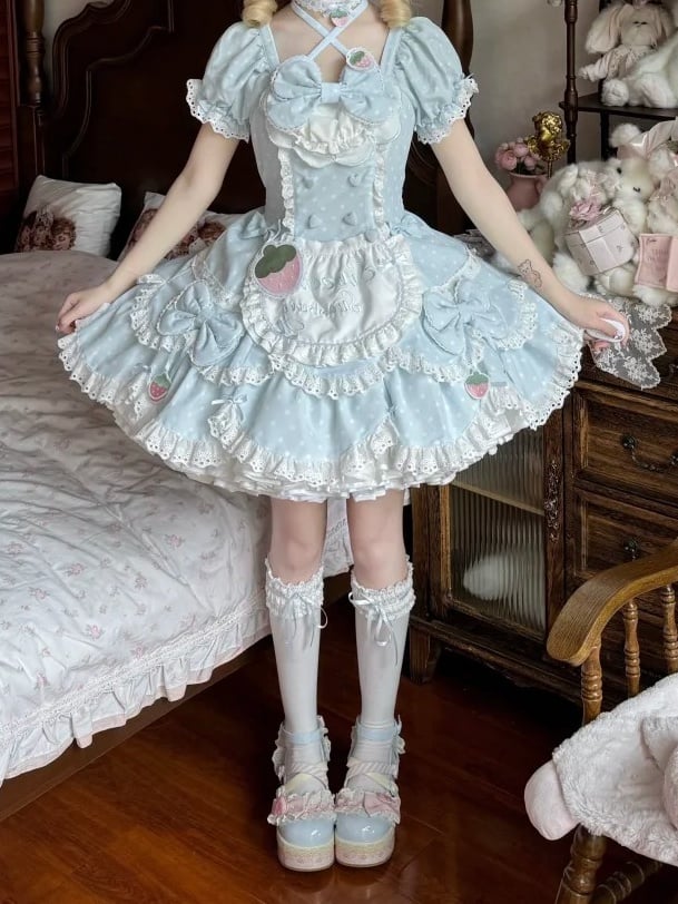 and Lace OP Cute Themed Baby with Polka Dress Blue Strawberry Dot Lolita Details Bow
