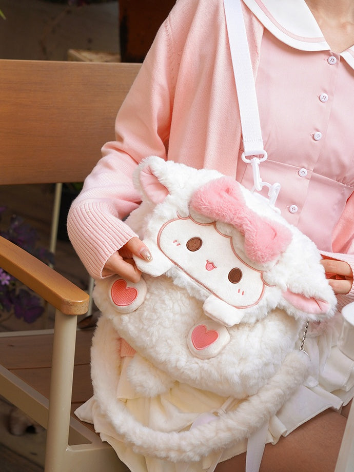Weißes Lamm Bowknot Plüsch Klappe Rucksack Tasche mittlere/große Größe