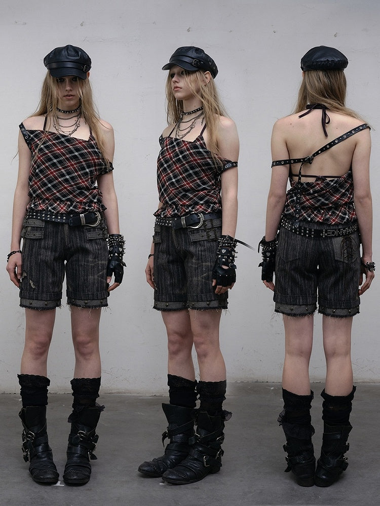 Black Details Shorts Wash Punk Wasteland Decorated Buckle Faded Studs