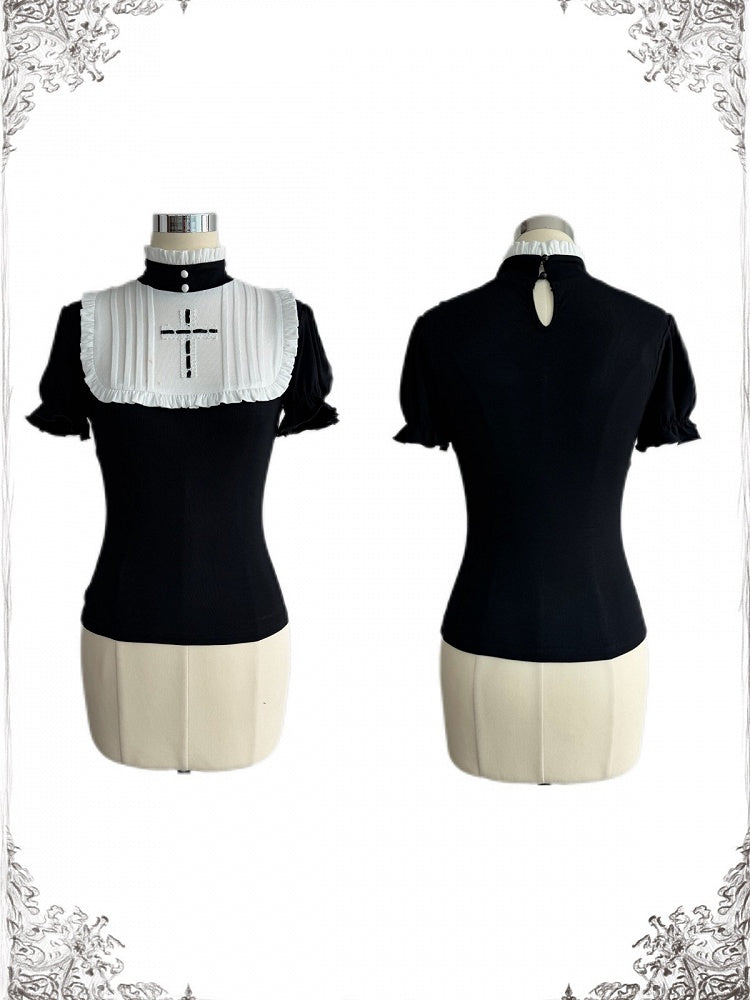 Gothic Black and White Cross-Decorated Ruffle Short Sleeve Top - Damn Girl