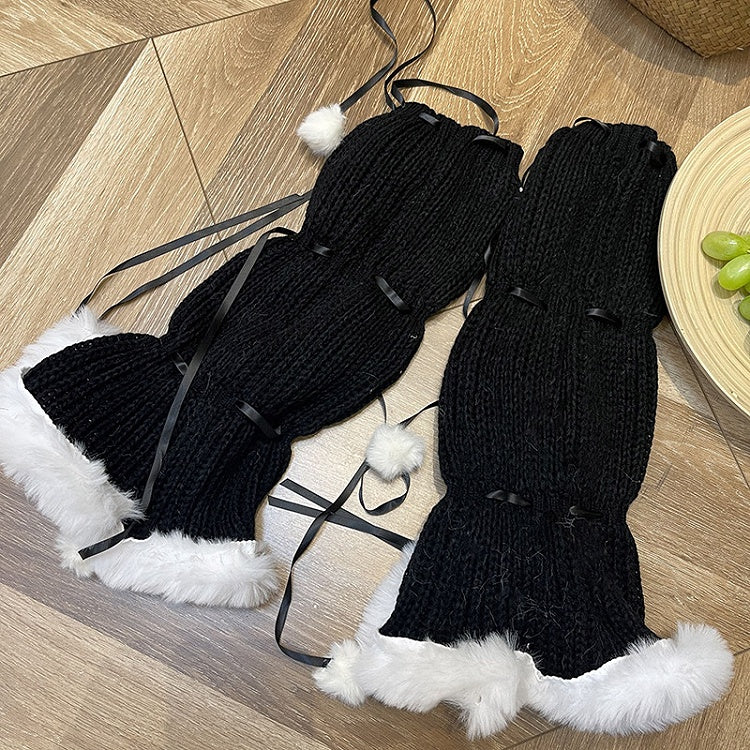 Ribbon Knitted Pom-Pom White/Black Plush-Trimmed Decorations and with Warmers Leg
