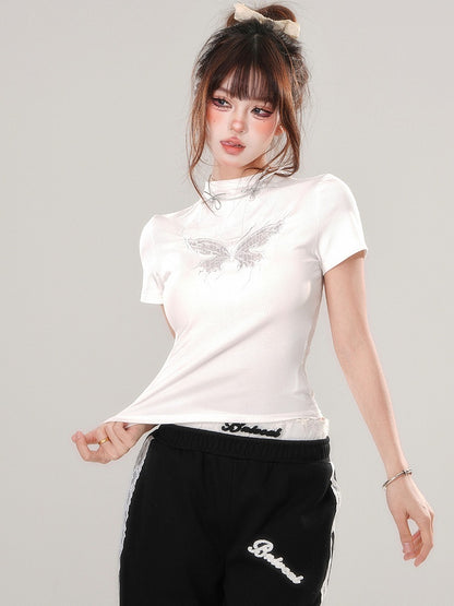 ブラック/ホワイト バタフライ モックネック Tシャツ 背中にレースパッチワーク