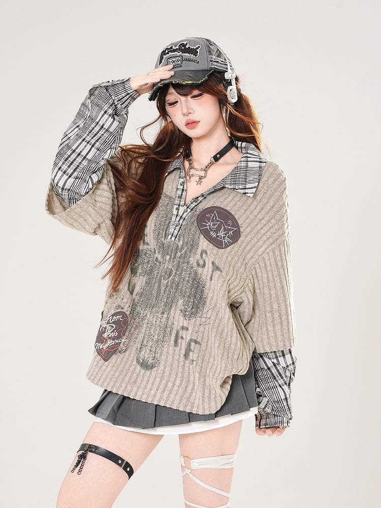 Kariertes Bärentop: Beige-Grau mit Patchwork-Strick-V-Ausschnitt Preppy