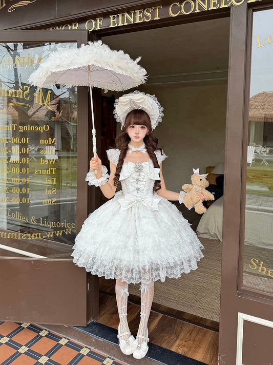 Dress Hime-Style Layered White Rhinestone Elegant with JSK Lace Bow Details Skirt Lolita