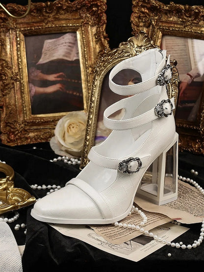 Matte White Gothic Crocodile Buckle Straps High Block Heels