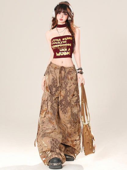 Schlange Bittersüß Braun Weites Bein Print Hose Cargo Cut Scale