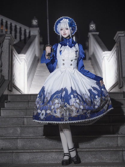 Cross and Blue Gothic Lace Trim with Skeleton Print Lolita Under Bust Dress White
