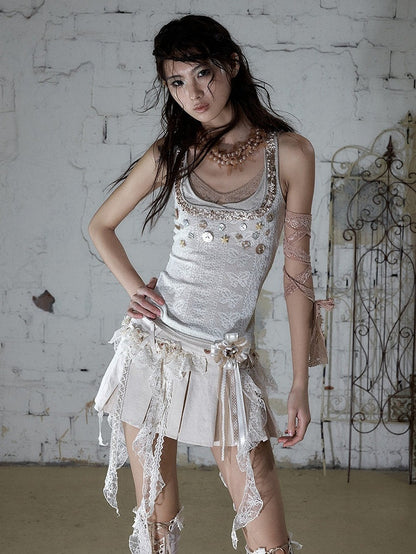 Punk Apricot Pleated Skort with Asymmetric Lace Trim - NO ROMANCE