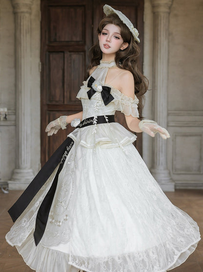 Beige Halter Neck Floral Embroidery Elegant Classic Lolita Dress with Bow - Unknown Star