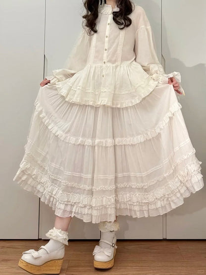 Elegant Cotton Multi-Layer Lolita Skirt White Ruffled Loose Hem