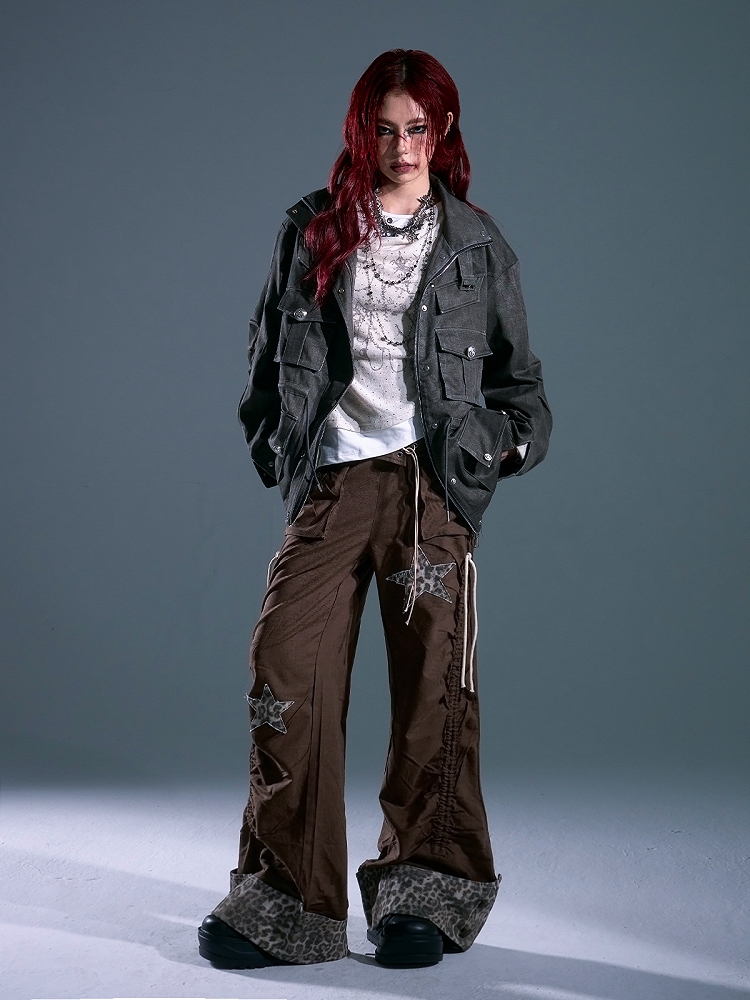 Closure Waist Zip Drawstring - Accent Punk Cargo Jacket Gray Buckled