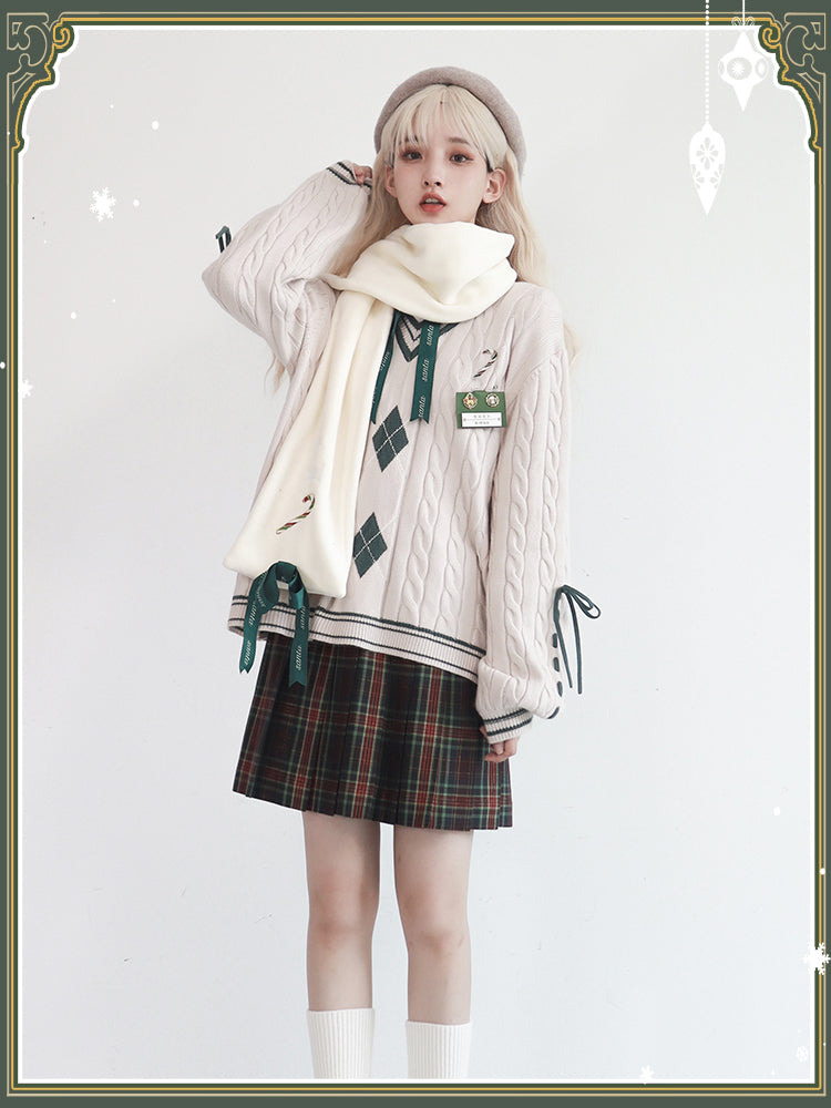 V-Neck White/Red Candy Embroidery with Pattern Sweater and Diamond Preppy