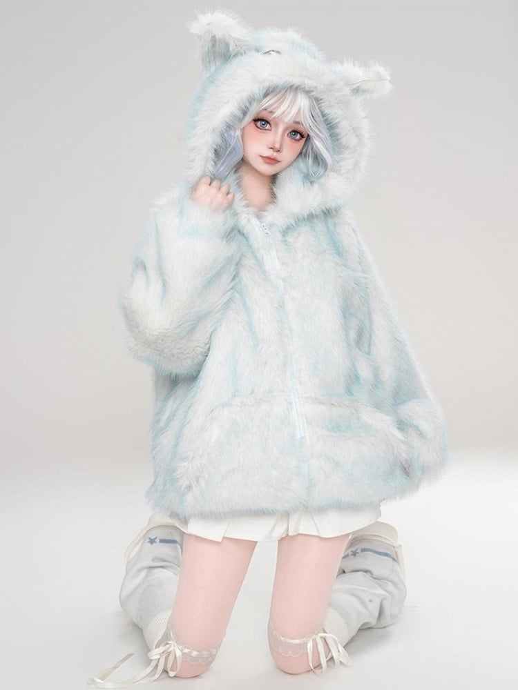 Blaue Winterjacke mit Kapuze und Reißverschluss im Design „Süßes Schneemonster“ aus Kunstpelz