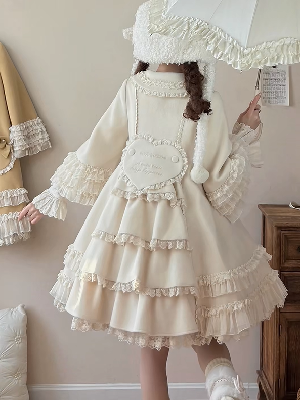 Ruffled Accents Lace Bow Details Sweet and Winter Lolita Coat Beige with