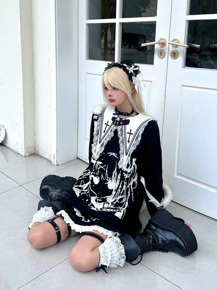 Embroidered Top Cross with Sleeve Collar Black Long Gothic Pointed Flat