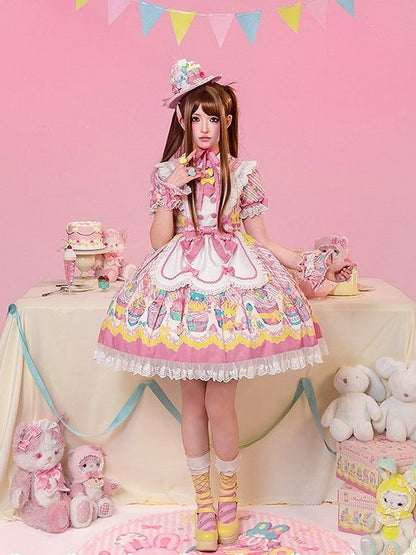 and Dress Print Maid Peter Pan Yellow Lolita Pink Bunny Cupcake Collar