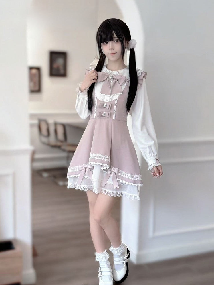 mit süßem Bowknot-Rock, rosa Saum, Overalls, gestuftes Kei-Chiffon-Detail, Jirai Dusty