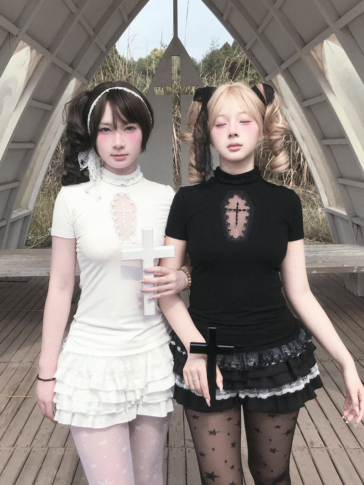 Gothic Black/White Mock Neck Coffin-Shaped Cutout T-Shirt