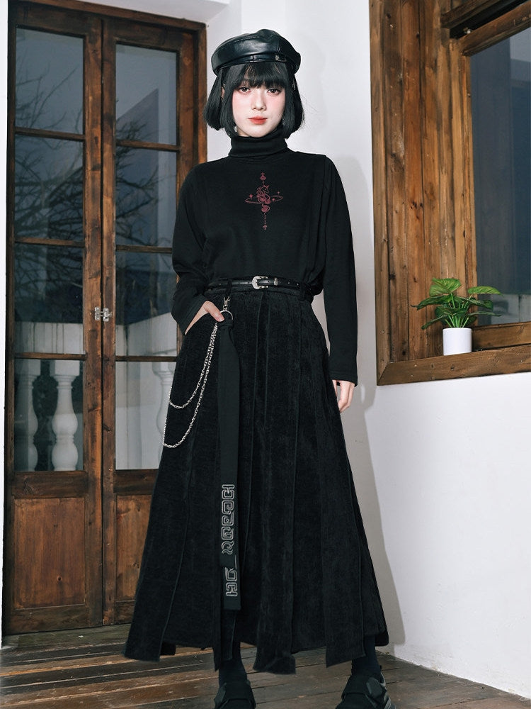 Fleece-lining Long Black with Print Top High-neck Unicorn Sleeve