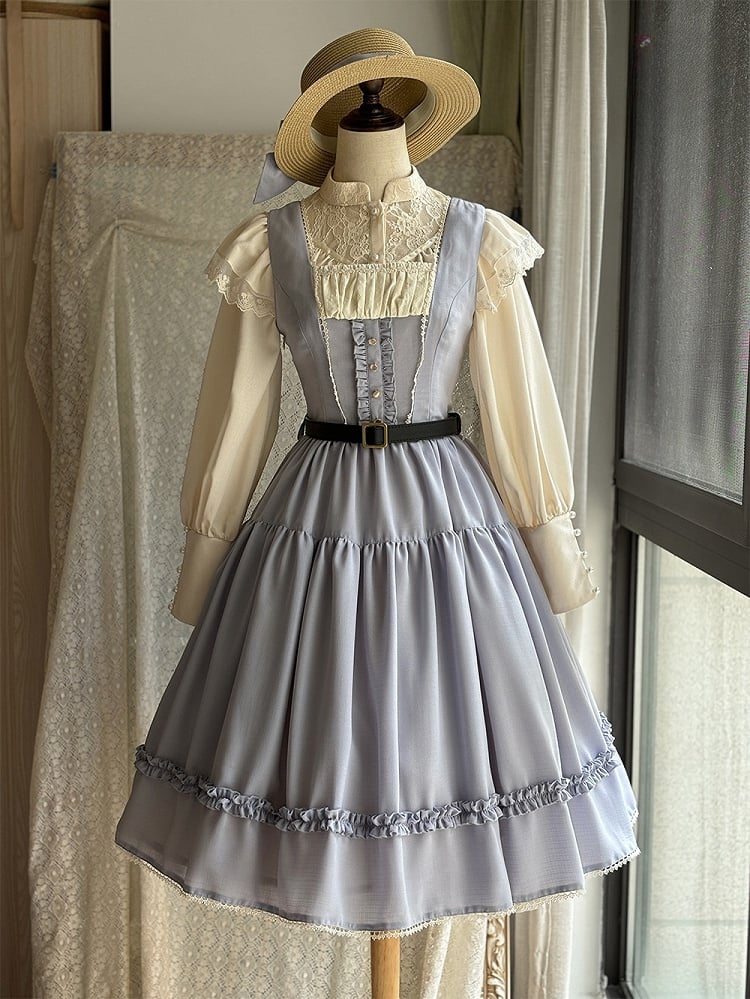 Light Gray Elegant Classic Lolita JSK Dress with Ruffled Front Placket and Lace Trim