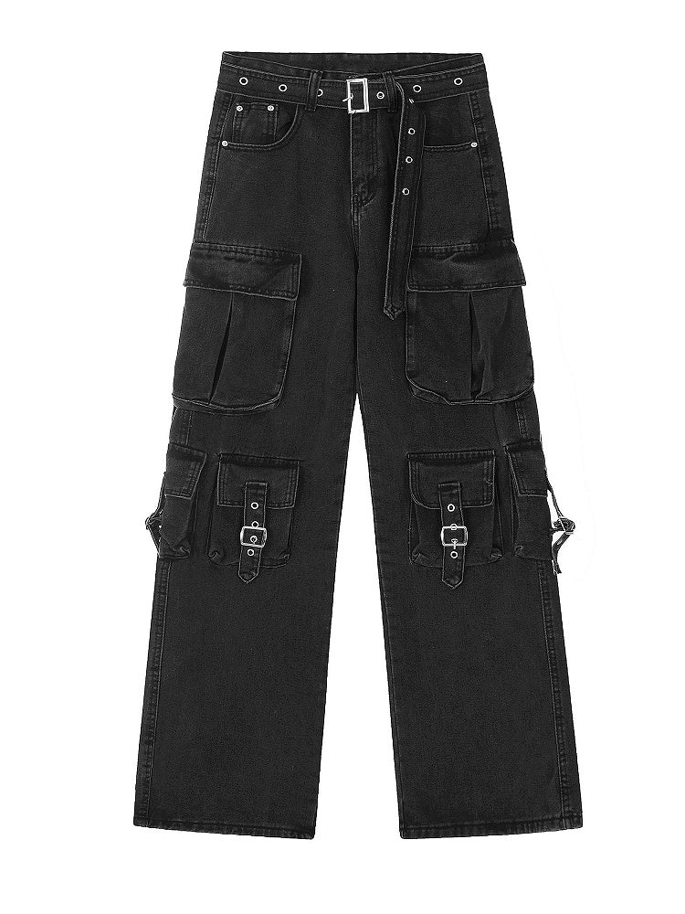 Blue/Black Multi-Pocket Utility Cargo Jeans with Hanging Strap Design